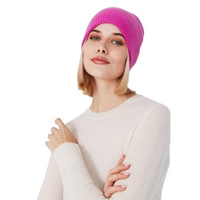 Style Republic 100% Pure Cashmere Women’s Ribbed Cuff Beanie - Fuchsia