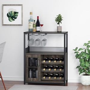 Garvee Wine Bar Cabinet with Detachable Rack, Glass Holder, Small Sideboard and Buffet Mesh Door, Gray - 1 of 4