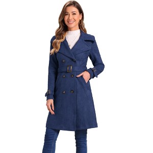 Allegra K Women's Faux Suede Notched Lapel Strap Cuff Solid Double Breasted Tie Belt Trench Coat - 1 of 4