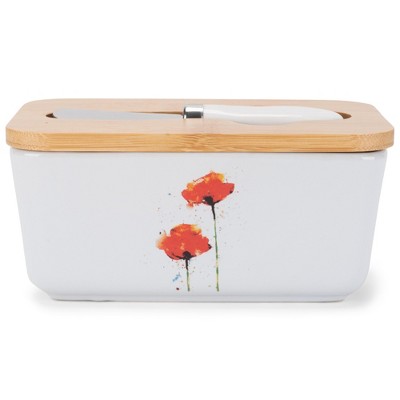 Nat & Jules Dean Crouser Poppies Watercolor White 6.5 x 4 Ceramic Butter Dish With Knife Lid