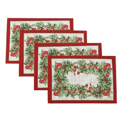 Holly Traditions Holiday Placemats, Set of 4 - 13" x 19" - Red/Green - Elrene Home Fashions
