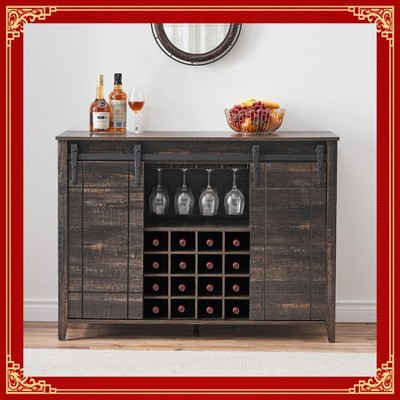 Garvee Elegant Farmhouse Wine Bar Cabinet with Sliding Barn Door – 47" Kitchen Coffee Bar with 16 Wine & Glass Racks