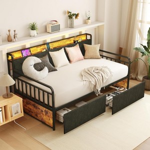 Zevemomo Twin Daybed with 2 Storage Drawers, LED Lights & Upholstered Headboard, Steel Slat Support Metal Frame for Living Room & Bedroom, Black - 1 of 4