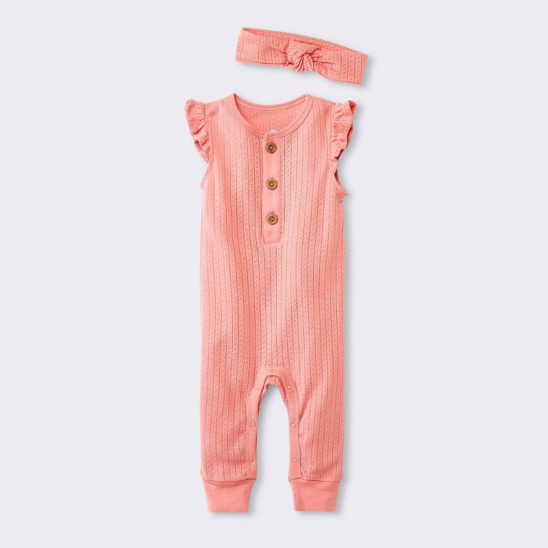 Baby Girls' Pointelle Romper with Headwrap - Cloud Island™ Pink, 1 of 6