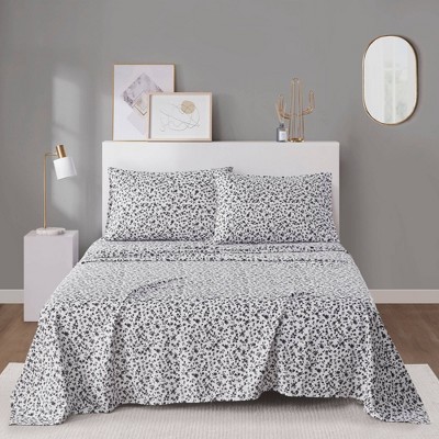 Full Black Floral Printed Microfiber Sheet Set