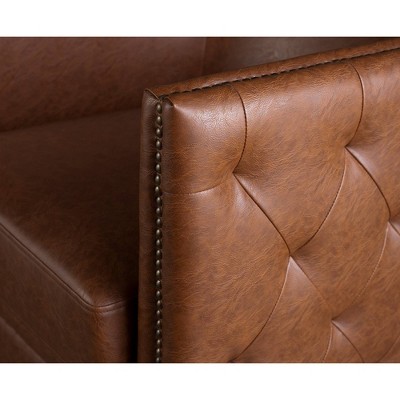 Brown Faux Leather Barrel Swivel Accent Chair with Wood Frame