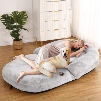 Foldable Human Sized Dog Bed for People Adults, 71"x43"x10" Large Dog Bed Perfect for Nap, Washable & Removable Faux Fur Cover, Light Grey
