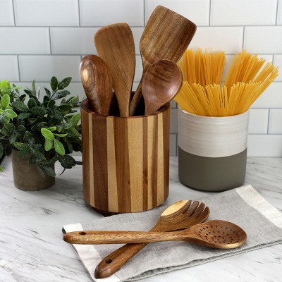 MegaChef 7 Piece Acacia Wood Kitchen Cooking Tool Utensil Set with Crock in Dark Brown — фото 2