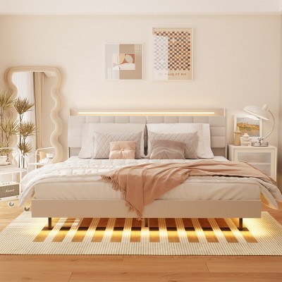 FURNIinspire Beds Queen Floating Bed Frame Upholstered Platform Bed with Headboard Hidden Storage Space, Noise Free, Beige, 85"*62"*43"