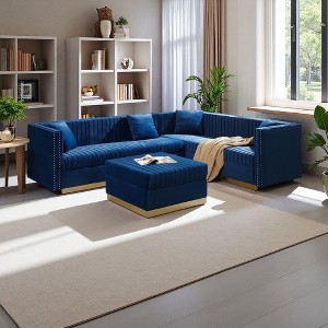 100.8" Velvet U-Shaped Sectional Sofa with Ottoman, Channel Tufting, Gold Base & 4 Pillows - 1 of 4