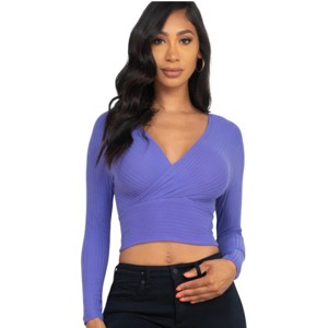 Slickblue Women's Long Sleeve Ribbed Wrap Top, V-Neck Fitted Knit Shirt, Color Options, Size S-L - 1 of 4