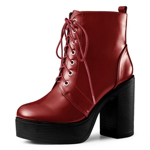 Allegra K Women's Platform Chunky High Heel Lace Up Combat Boots Red 9 :