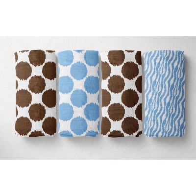 Bacati - Ikat Blue/Chocolate Swaddling Muslin Blankets set of 4