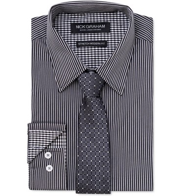 Nick Graham Mens Finely Stripe Stretch Tie Set Button Down Dress Shirt