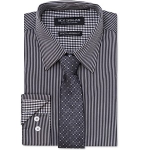Nick Graham Mens Finely Stripe Stretch Tie Set Button Down Dress Shirt - 1 of 1