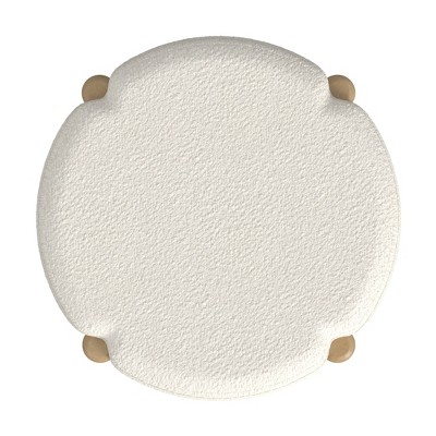 Nordic Off-White Boucle Round Ottoman with Wooden Legs
