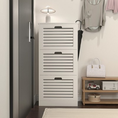 TIRAMISUBEST Farmhouse Shoe Cabinet - White Wood 3-Door Organizer, Adjustable Shelves for Entryway/Mudroom (20"W)