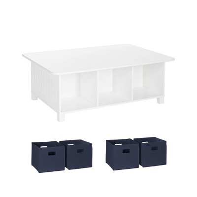 RiverRidge Kids' Desk, Activity and Play Table with 6 Storage Cubbies White with 4 Fabric Bins