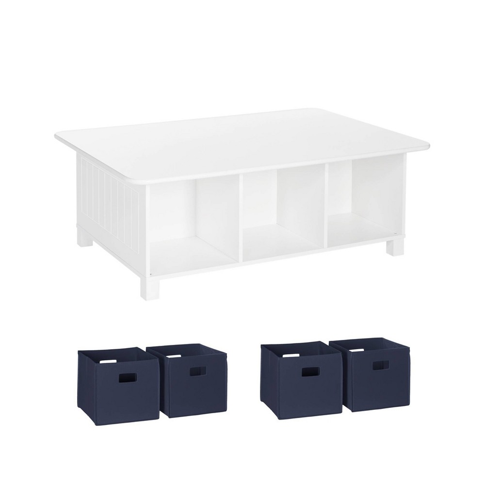 RiverRidge Kids' Desk, Activity and Play Table with 6 Storage Cubbies White with 4 Navy Fabric Bins