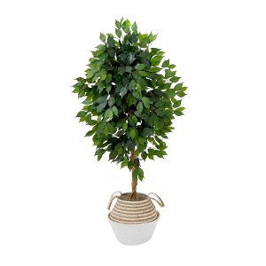 Nearly Natural 4.5-ft Artificial Ficus Tree with Double Trunk in Handmade Cotton & Jute Basket DIY KIT - 1 of 4