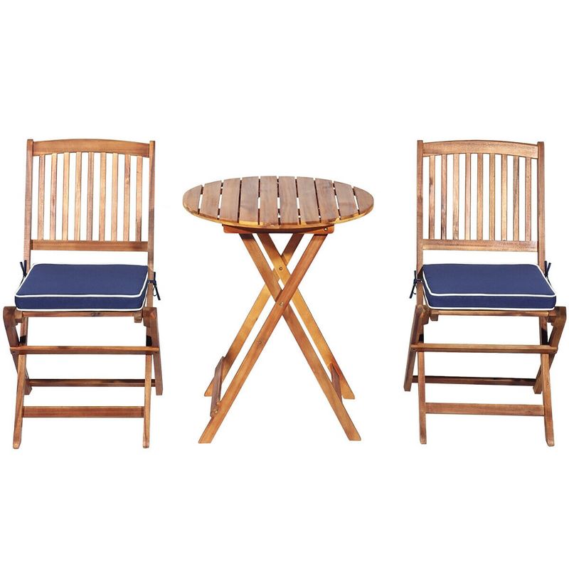 Costway 3PCS Patio Folding Wooden Bistro Set Cushioned Chair Conversation Cushion, 4 of 11
