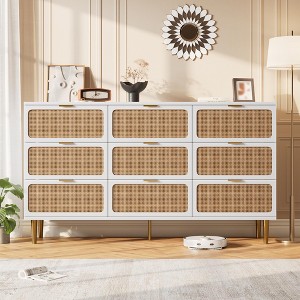 Rattan 9 Drawer Dresser for Bedroom, 59"W Wooden Chest of Drawers with Metal Handles, Dresser TV Stand, Clothes Storage Organizer for Bedroom, White - 1 of 4