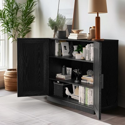 [31-inch | Modern Minimalist]Double Door Black Wood Grain Storage Cabinet (Glass Doors + Storage Compartments)