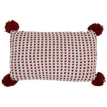 Northlight 19.5" White and Red Knitted Rectangular Throw Pillow with Pom Poms