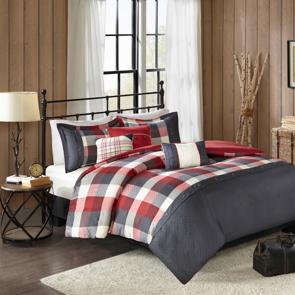 Photos - Bed Linen 6pc King/California King Warren Herringbone Duvet Cover Set - Red: Madison Park, Rustic Style, Embroidered Details