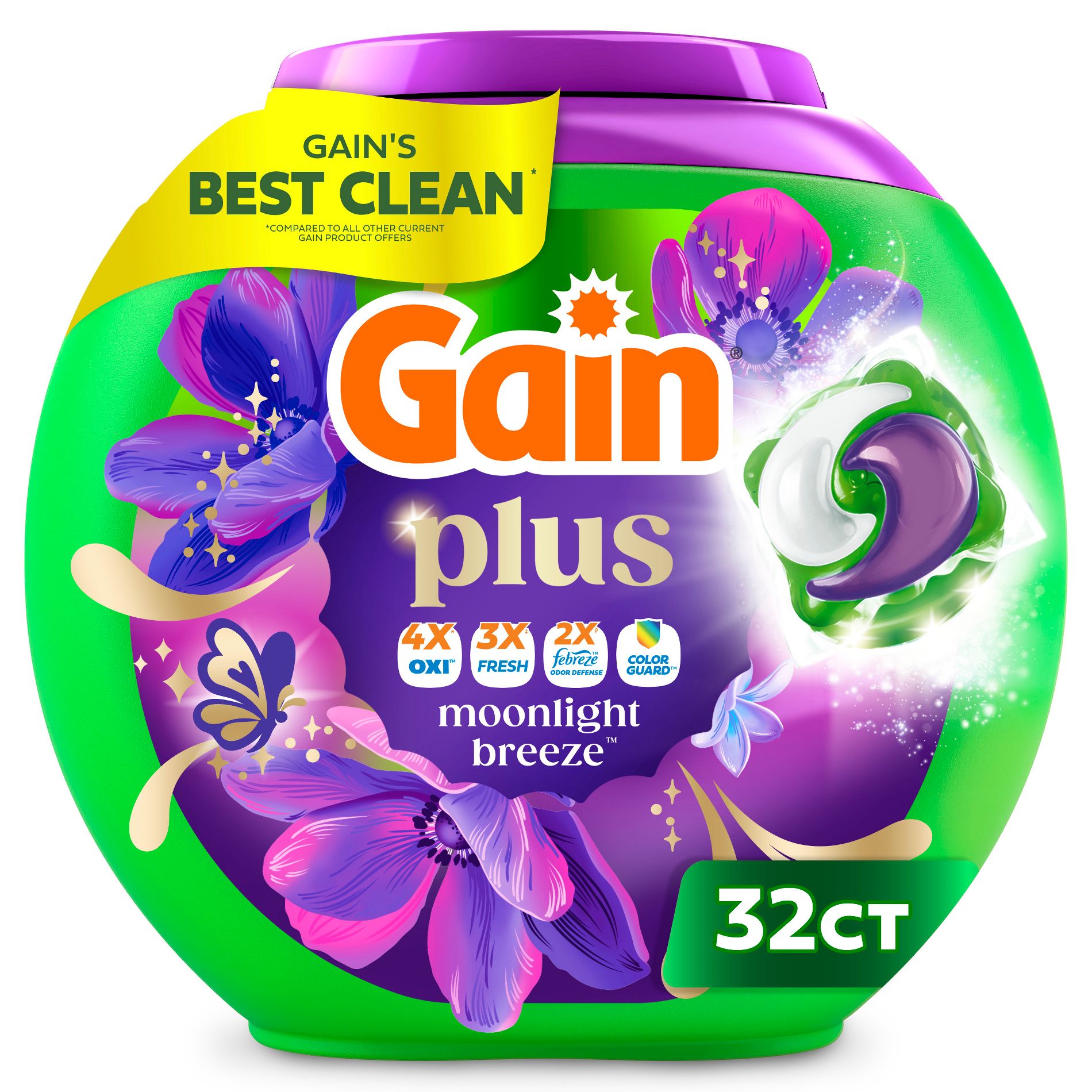 Gain Moonlight Breeze Super Flings Plus Laundry Detergents - 32ct: High Efficiency, Cold Water, Deep Cleaning, Odor Control