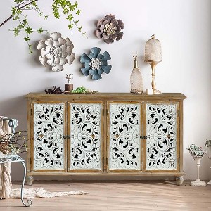 Wood 4-Door Accent Cabinet with Hollow-Carved Doors and Distressed Design for Living Room, Dining Room, Entryway, or Hallway - 1 of 4