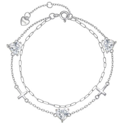 Molenia Birthstone Cross Bracelet for Women, S925 Sterling Silver Heart Dainty Link Charm Double Layer Jewelry Birthday Gift for Her
