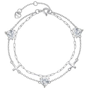 Molenia Birthstone Cross Bracelet for Women, S925 Sterling Silver Heart Dainty Link Charm Double Layer Jewelry Birthday Gift for Her - 1 of 4