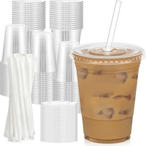 Attop 100 Pack - 16 oz Clear Plastic Cups with Lids and Straws, Sturdy & Food Safe Iced Coffee Cups with lids - 1 of 4