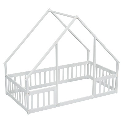 Dolonm,Wood House-Shaped Floor Bed with Fence, Guardrails ,White