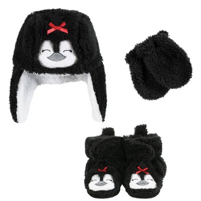 Image of Hudson Baby Infant Girl Trapper Hat, Mitten and Bootie Set, Girl Penguin, 0-6 Months