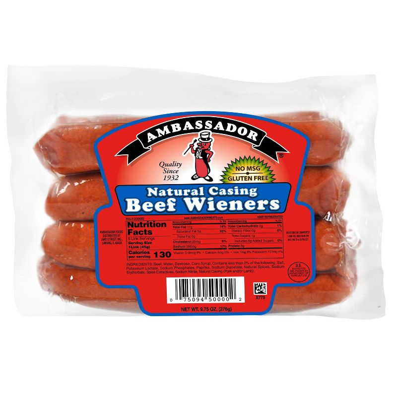 Ambassador Natural Casing Beef Wieners - 9.75oz, 1 of 5