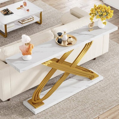 55" White Faux Marble and Gold Metal Console Table