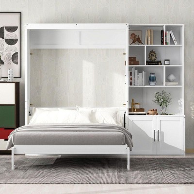 Streamdale Full Size Murphy Bed with Multiple Storage Shelves and A Cabinet, White