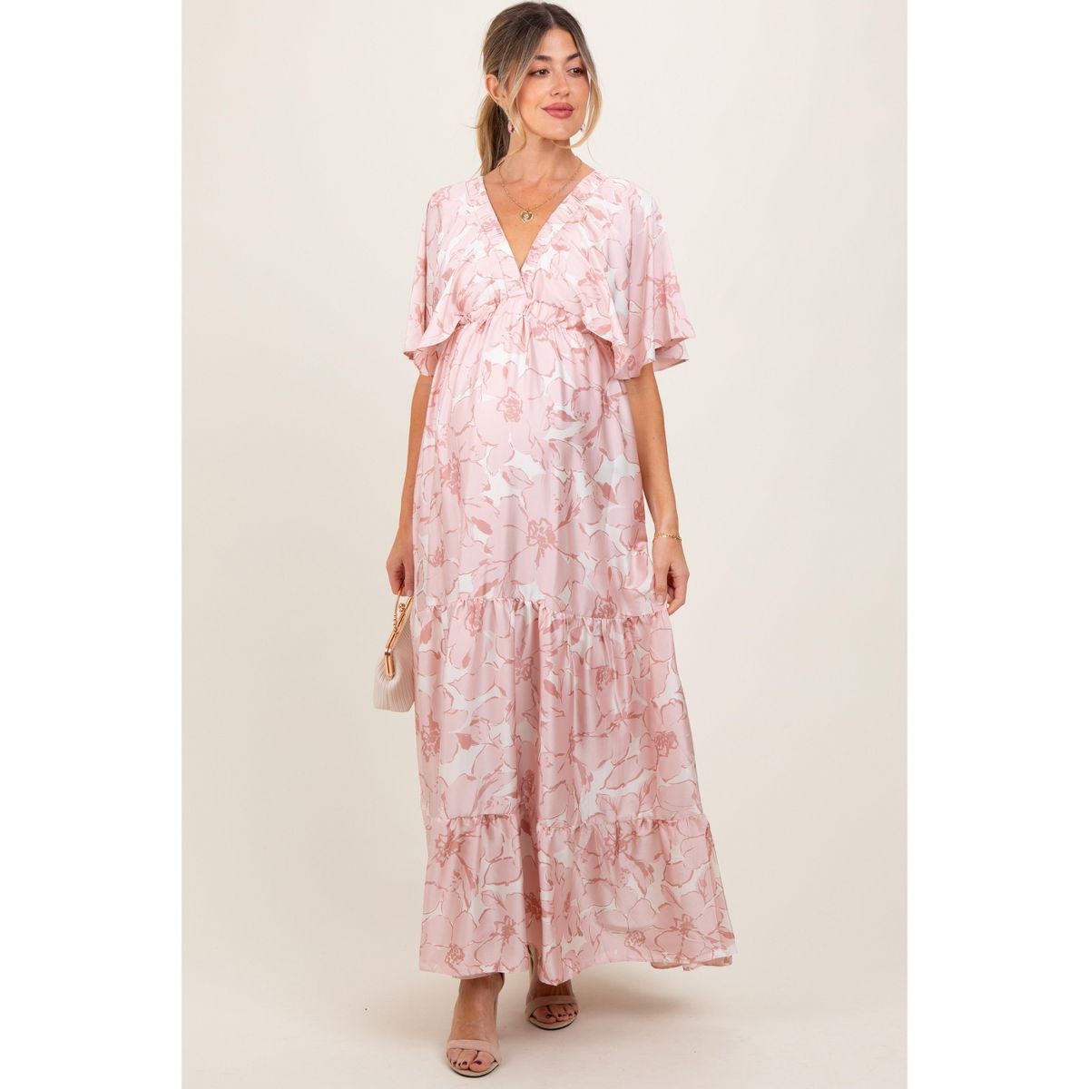 Pinkblush Pink Floral Short Sleeve Deep V-Neck Tiered Maternity Maxi Dress