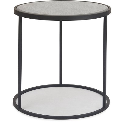 Antiqued Mirrored Round Glass and Metal Side Table
