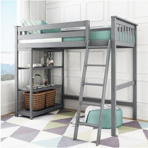 Max & Lily Solid Wood High Loft Bed,Twin Bed Frame For Kids With Bookcase and Ladder - 1 of 4