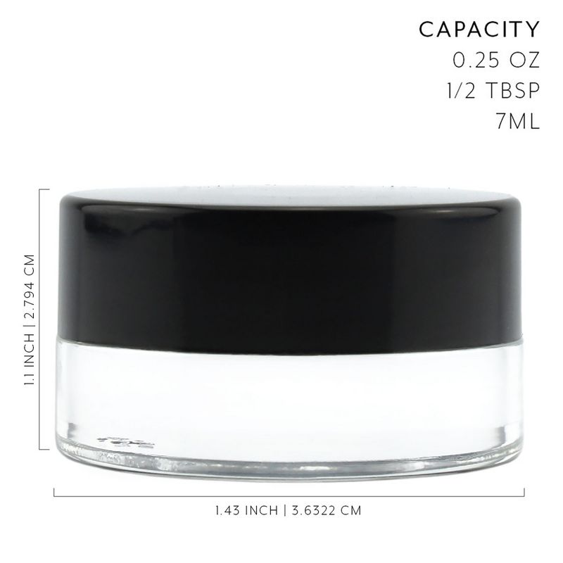 Cornucopia Brands 7-Milliliter Clear Glass Balm Jars 12pk; 1/4 oz Cosmetic Jars w/ Lined Black Plastic Lids, 2 of 7