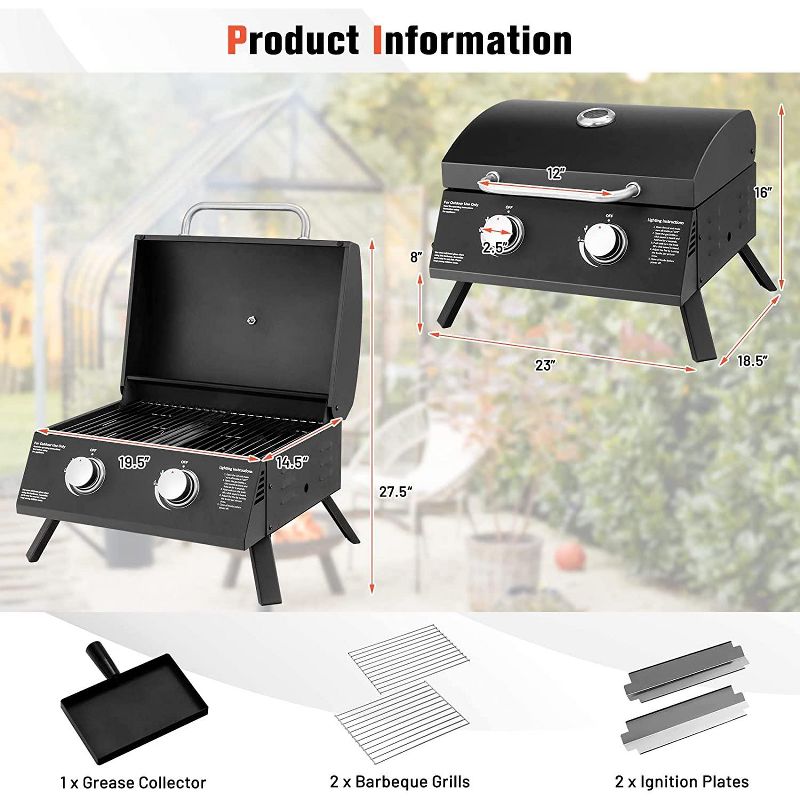 SKONYON Portable Grill 2-Burner Propane Gas Grill Ideal for Outdoor Cooking Black, 4 of 10