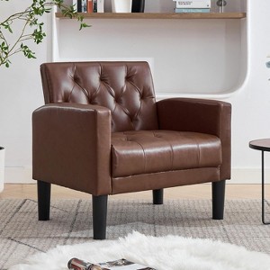 TYBOATLE Tufted Black Leather Accent Chair, Mid-Century Armchair for Office, Living Room, Bedroom - 1 of 4