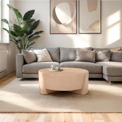 Royal Hampton 35 Inch Round Drum Coffee Table with 3-Leg Base, Sandblasted Mango Wood