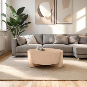 Royal Hampton 35 Inch Round Drum Coffee Table with 3-Leg Base, Sandblasted Mango Wood - 1 of 4