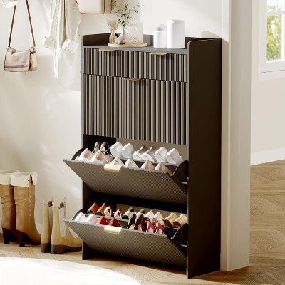 Whizmax Modern Shoe Cabinet - 3 Flip Drawers + 2 Small Drawers & Hook, Slim Fluted Entryway Organizer, Narrow Storage