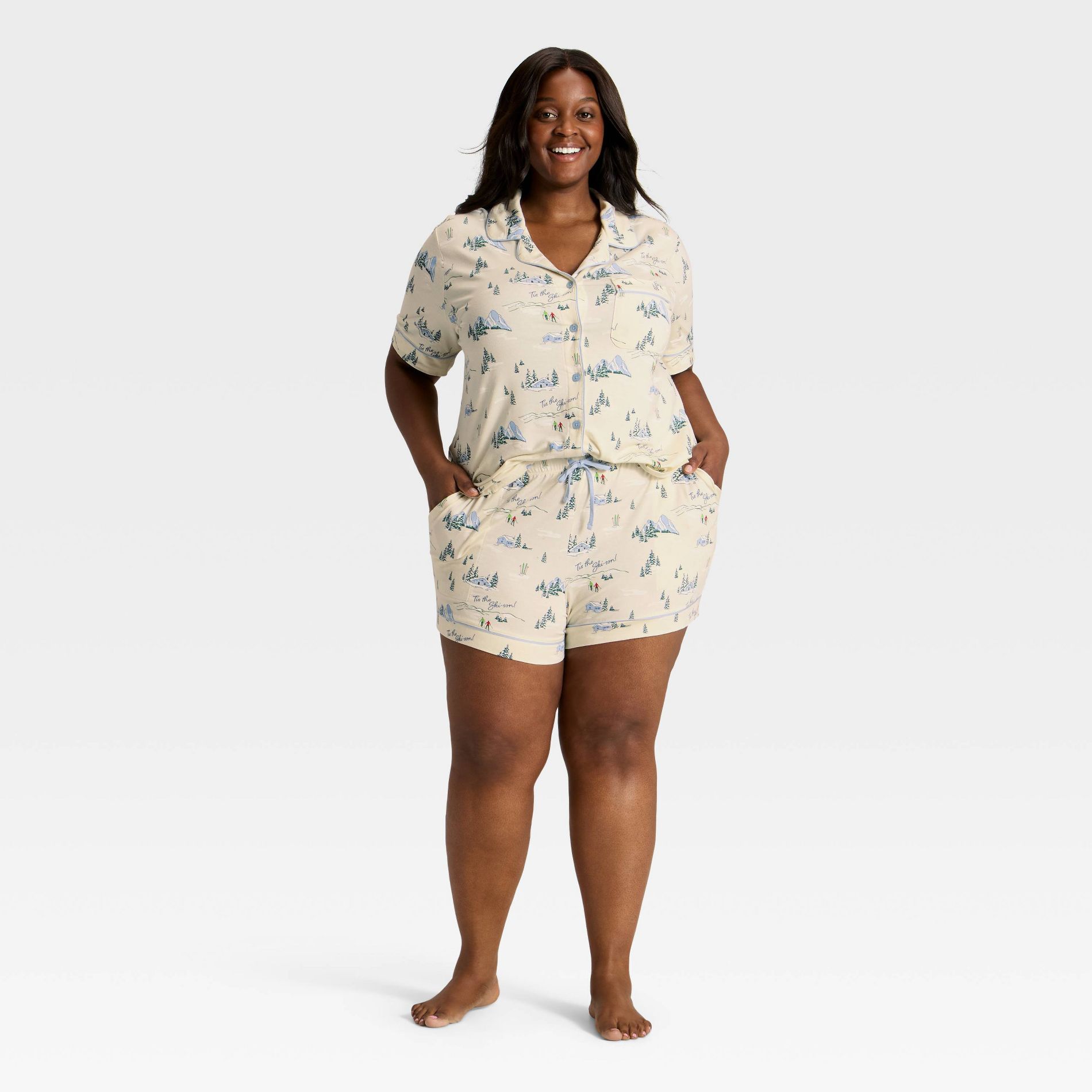 Women's Cloud Knit Short Sleeve Notch Collar Shirt and Shorts Pajama Set - Auden™