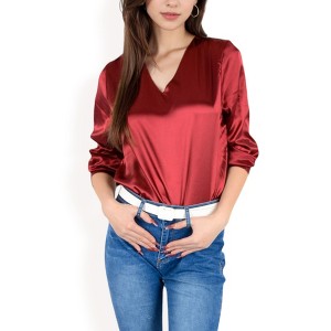 Anna-Kaci Women's Satin Long Sleeve V-Neck Blouse with Cuffed Sleeves - 1 of 4